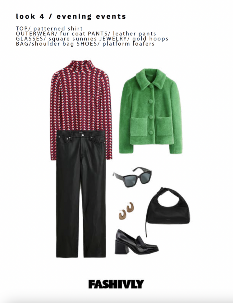 Look 4 from my Fashivly style guide features a red, black, and white fitted mock neck top tucked into black leather jeans. A green faux fur cropped jacket is styled over it. Accessories are a black high heeled chunky loafer, a black leather handbag, gold hoops, and black oversized sunglasses